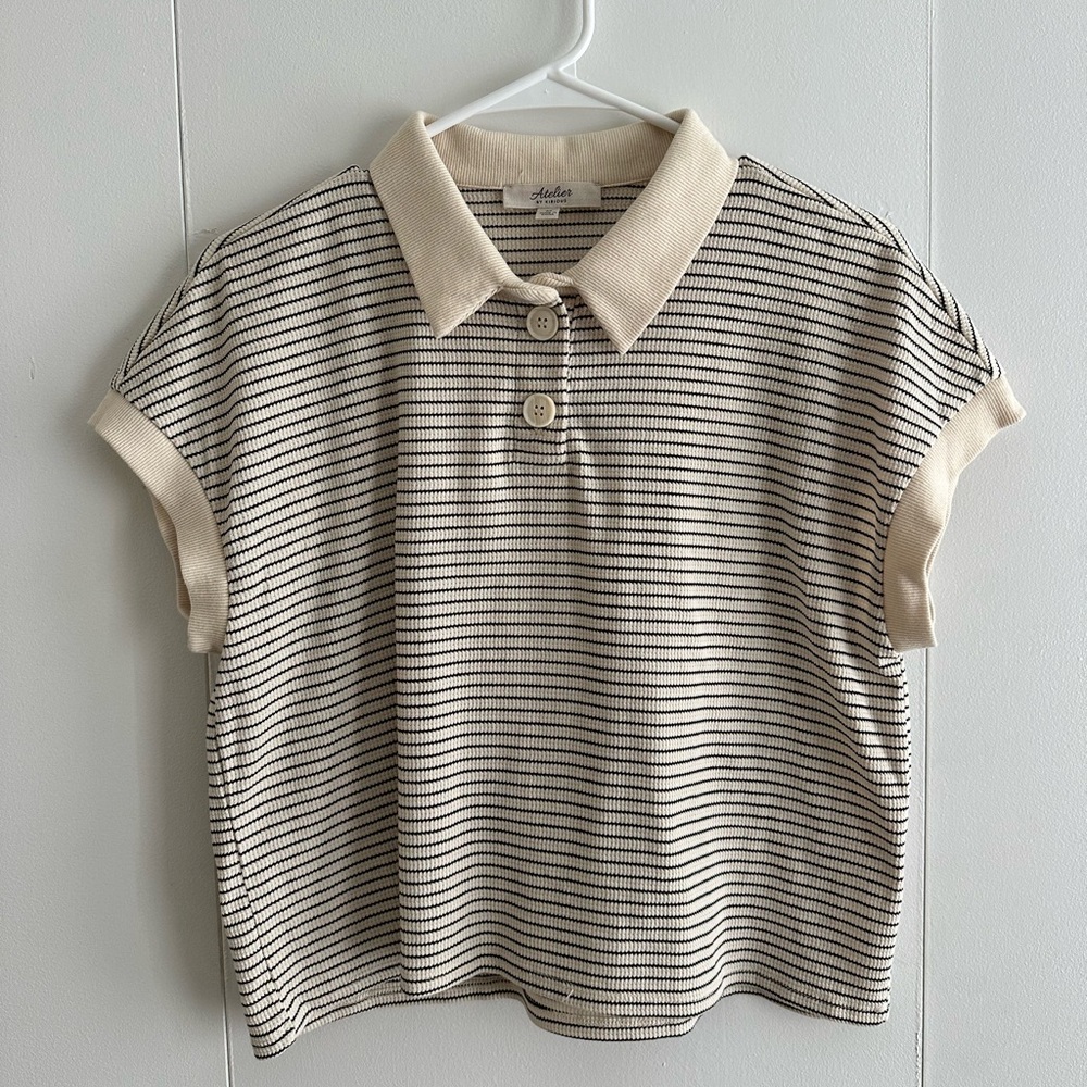 Atelier by Kirious Cream and Black Striped Polo Top